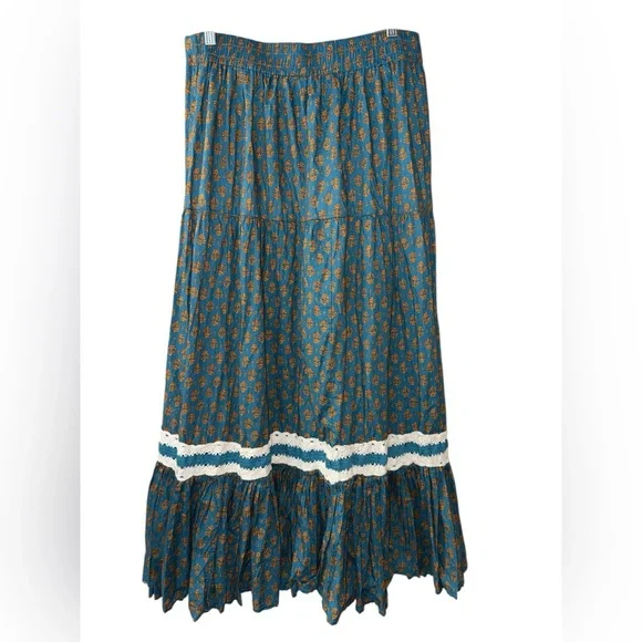 Luna Moon Women’s L Tiered Maxi Skirt Floral Teal Crochet Cottagecore Bohemian - Picture 4 of 7